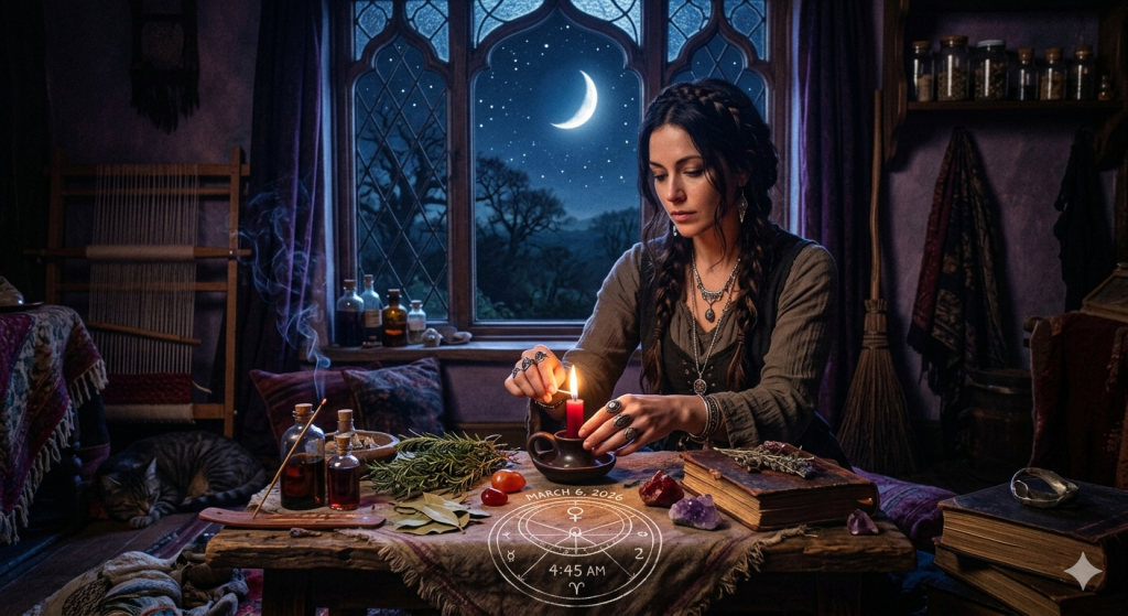 A modern witch with braided hair lights a red candle on a wooden altar at 4:45 AM during the Venus in Aries transit on March 6, 2026, with a crescent moon visible through a gothic window.