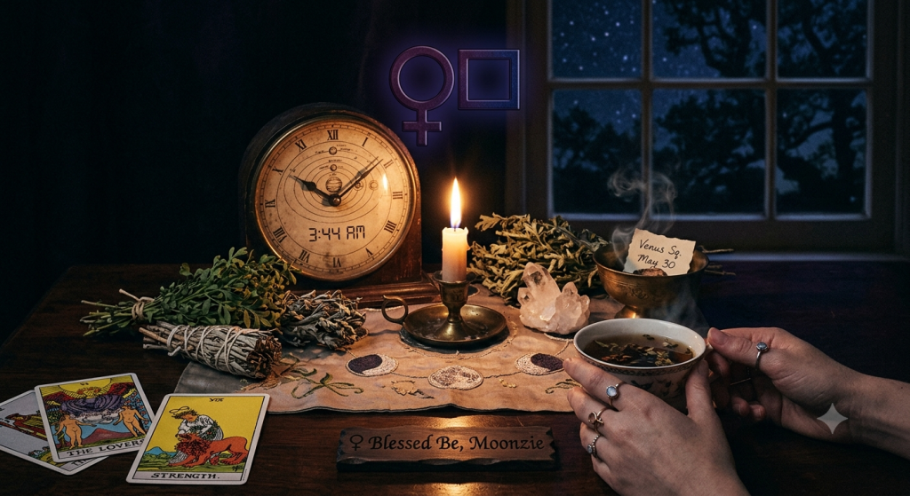 A dark, atmospheric midnight ritual setup featuring a vintage table clock displaying 3:44 AM, a single burning candle, tarot cards (The Lovers and Strength), crystals, and a cup of herbal tea held by hands. Overhead, glowing purple astrological glyphs for Venus and a square aspect are visible, with a wooden sign reading 'Blessed Be, Moonzie' on the table.