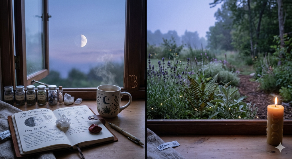 A split-screen view of a cozy witchy windowsill at 6:11 AM on May 23, 2026. The left side shows an open journal with astronomical notes, a steaming mug with a crescent moon, crystals, and a first quarter moon visible through an open window. The right side shows an outdoor misty garden with lavender, fairy lights, and a lit beeswax candle on the ledge.