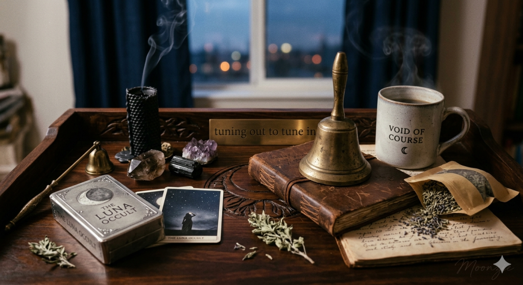 A cozy, witchy altar setup on a wooden tray featuring a steaming mug that reads 'Void of Course', a smoking black candle, crystals, tarot cards, an old leather journal, a brass bell, and dried herbs against a twilight window background.