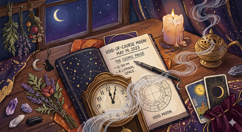 A cozy, witchy altar at night featuring an open journal with the text "Void-of-Course Moon: May 19, 2023," an antique clock showing almost 12:50, a lit candle, incense smoke, tarot cards, loose crystals, and dried lavender by a window overlooking a crescent moon.