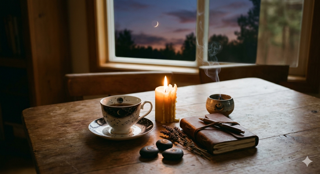 A cozy, witchy evening ritual setup on a wooden table featuring a celestial-patterned teacup, a lit beeswax candle, a leather journal, and smoking incense, with a faint waning crescent moon visible through the window at twilight.