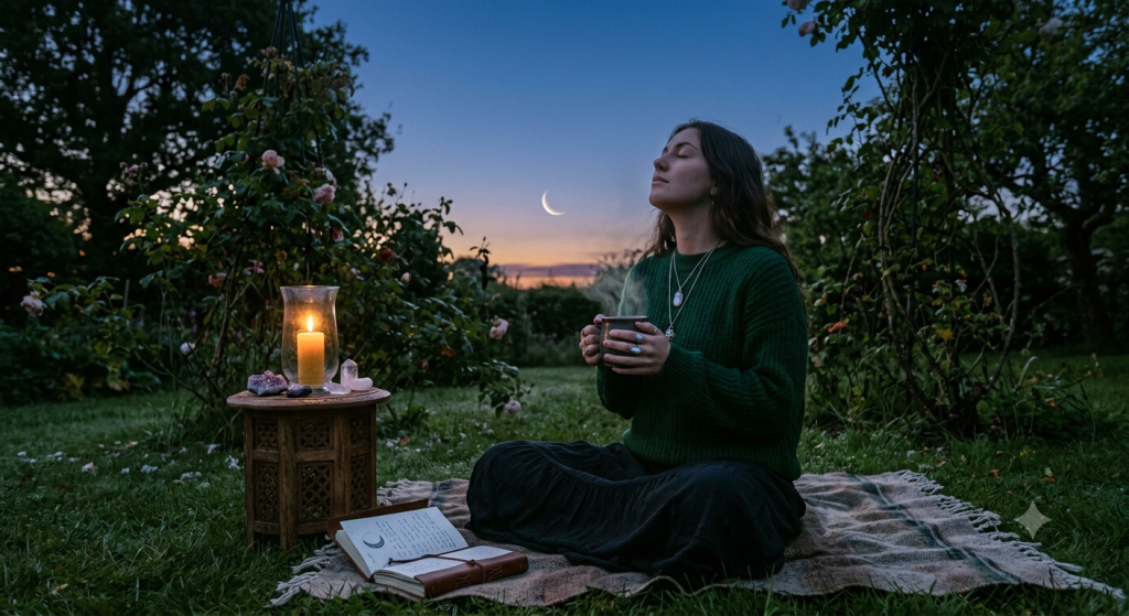 A woman sits cross-legged on a blanket in a misty dawn garden, holding a steaming mug with her eyes closed in meditation. Beside her is a wooden table with a lit candle and crystals under a slender waxing crescent moon.