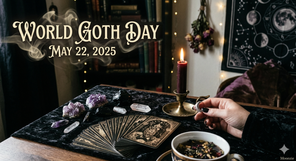 A witchy altar setup for World Goth Day on a black crushed velvet cloth, featuring a fan of ornate tarot cards, loose crystals, a burning dark candle in a brass holder, herbal tea, and a hand with black nails holding a silver crescent moon charm, with stylized text reading 'World Goth Day May 22, 2025'.