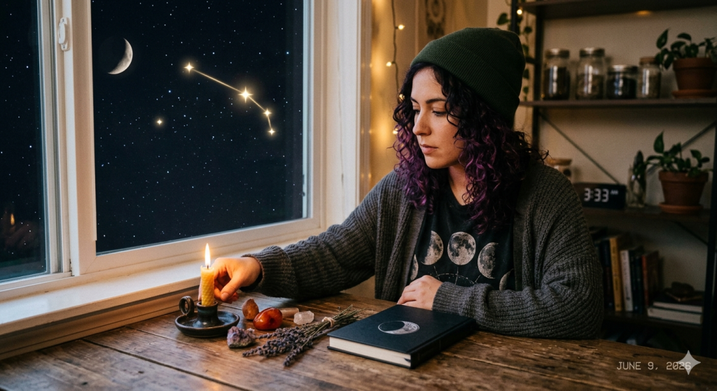 A woman with purple curls and a green beanie sits at a wooden table by a window at 3:33 AM, practicing a midnight ritual. Outside, a crescent moon and the Aries constellation glow in the starry night sky. On the table, she reaches toward a small burning candle next to crystals, dried lavender, and a closed moon-phase journal.