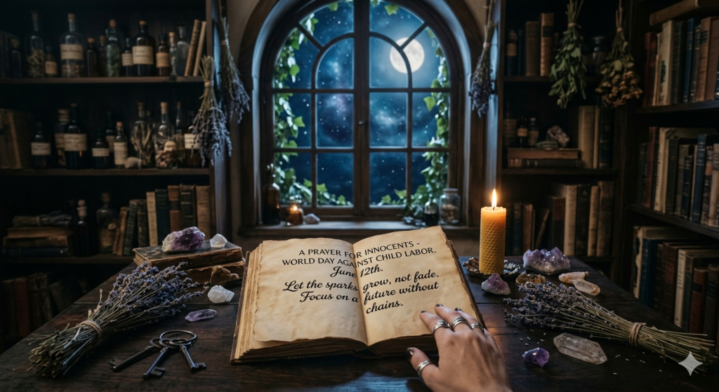 A dimly lit, witchy study at night with a large open grimoire on a wooden table. The book contains text about World Day Against Child Labor. A person’s hand with silver rings rests on the page next to a glowing beeswax candle, crystals, and bundles of dried lavender. In the background, an arched window reveals a full moon in a starry night sky.