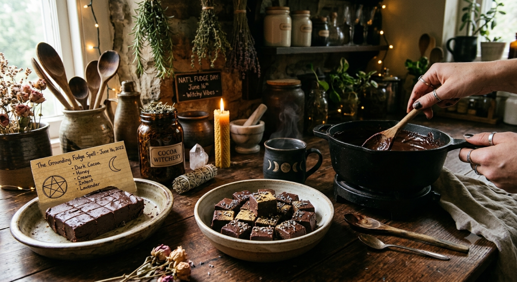 A cozy, rustic kitchen scene showing a person stirring dark chocolate fudge in a black cast-iron pot on a stovetop, with finished fudge squares on a plate in the foreground, surrounded by drying herbs, a lit beeswax candle, a crystal, and a small handwritten sign titled "The Grounding Fudge Spell - June 16, 2022."