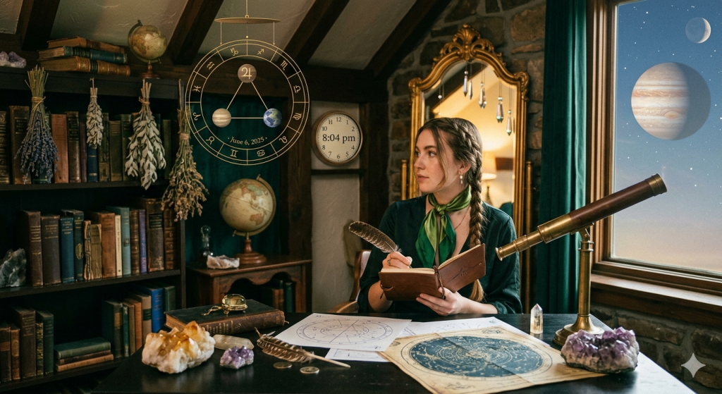 A witch sitting at a desk in a cozy, book-lined study, writing in a journal by candlelight, with a telescope pointed toward a window showing a view of Jupiter and a planetary trine diagram hanging above.
