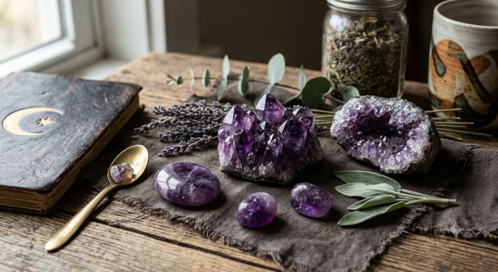 A collection of various Amethyst crystals, including a cluster and polished stones, arranged on a rustic wooden table alongside a vintage book, dried lavender, sage leaves, and a jar of herbs.