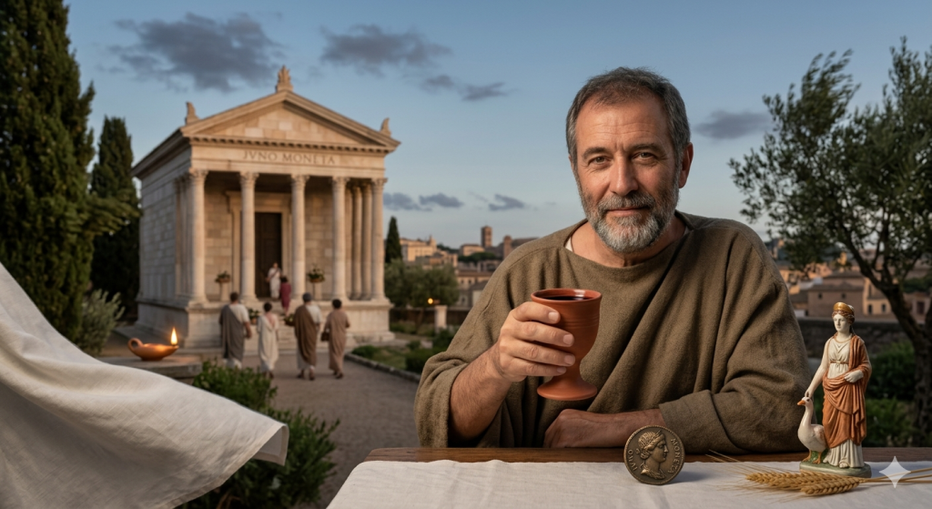 A middle-aged man in a Roman tunic sits at an outdoor table holding a terracotta wine cup, with a temple labeled "JVNO MONETA" in the background, a Roman coin, and a small statue of Juno with a goose on the table.