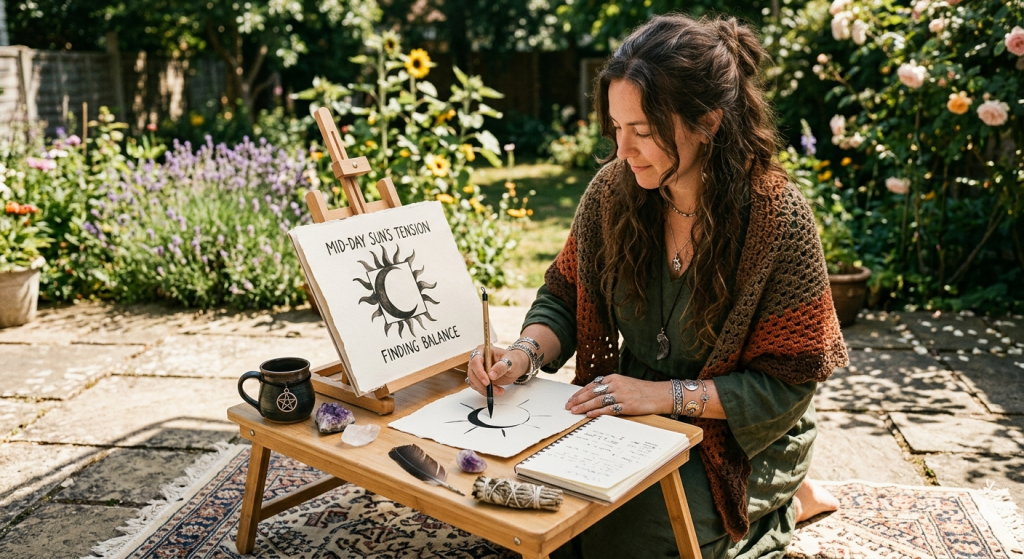 A woman practicing watercolor painting in a sun-drenched garden, with a canvas displaying a sun-and-moon square design, surrounded by crystals, a pentacle mug, and a notebook on a wooden table.