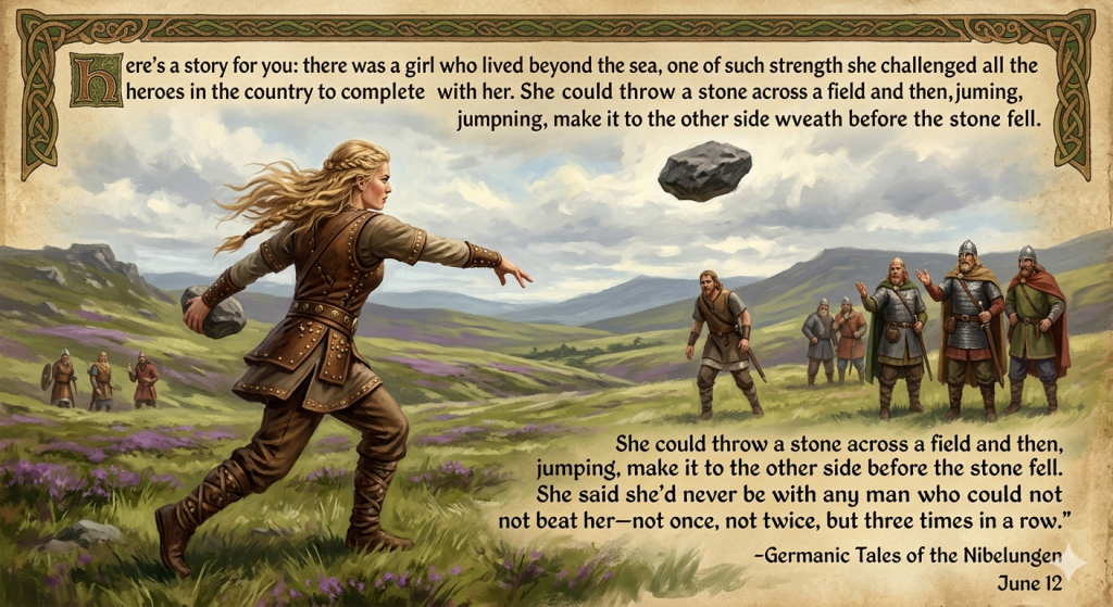 An illuminated manuscript-style illustration depicting a powerful blonde Norse warrior woman in leather armor throwing a large stone across a grassy field. In the background, a group of Viking men watch in astonishment. The image contains embedded text detailing the Germanic myth of Brynhild.