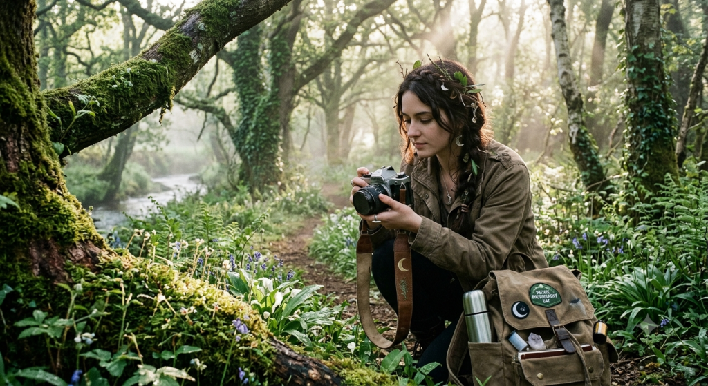 A woman with a braided hairstyle decorated with small twigs and leaves kneels in a lush, green forest, focusing her camera on the natural surroundings.