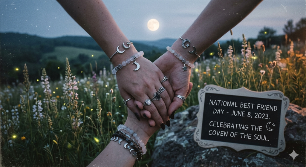 Three hands held together at twilight in a field, adorned with silver crescent moon and star jewelry, with a small chalkboard sign resting on a rock nearby.