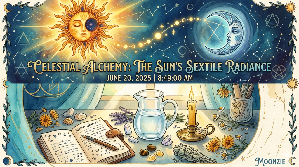 An artistic illustration featuring a stylized sun and crescent moon in a deep blue sky above a workspace. The workspace includes an open journal with mystical symbols, a glass pitcher of water, a lit "clarity candle," crystals, and herbs on a windowsill, with the text "Celestial Alchemy: The Sun’s Sextile Radiance" and "June 20, 2025 | 8:49:00 AM" displayed prominently.