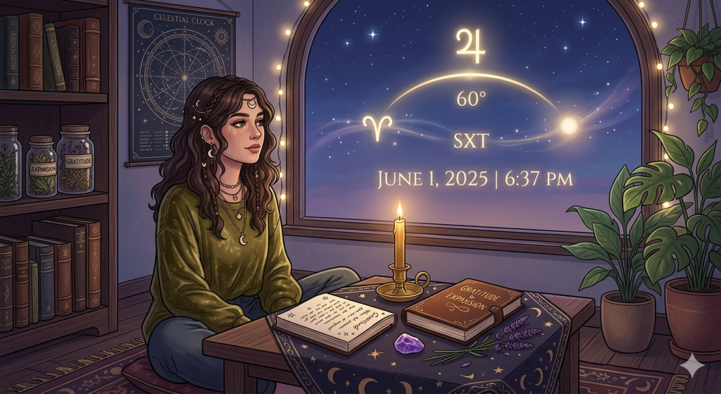 A digital illustration of a witch sitting at a wooden table in a cozy, book-filled room, looking out a large window at a night sky displaying the Jupiter sextile symbol and astrological chart.