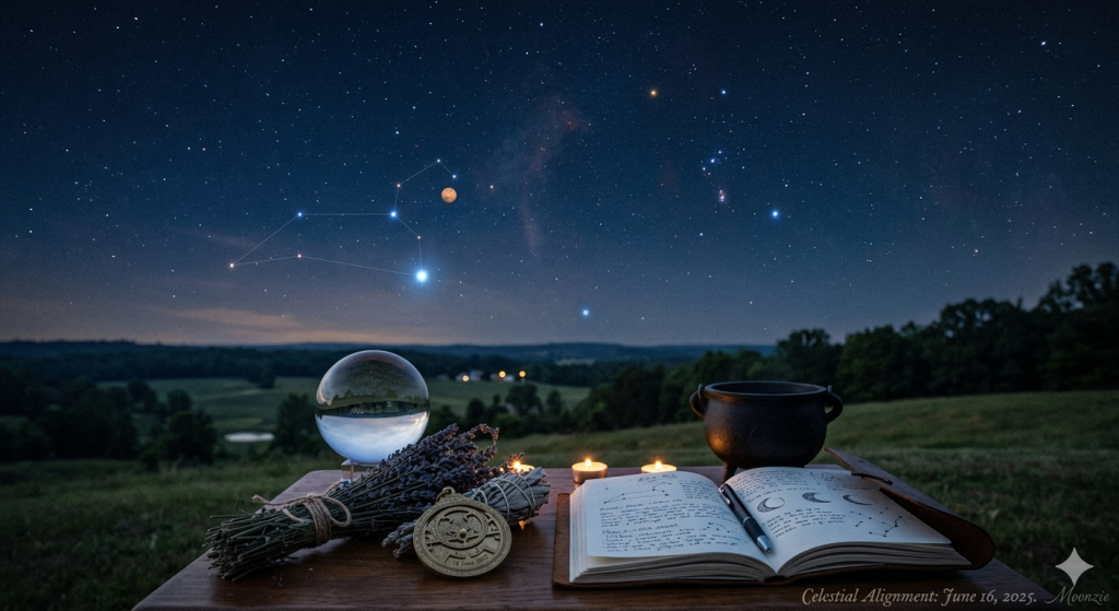 A wooden table sits in a field at night, holding a crystal ball, a bundle of lavender, a small bronze astrolabe, a cauldron, and an open leather-bound journal with sketches of constellations, all set against a night sky featuring the Leo constellation and a glowing Mars.