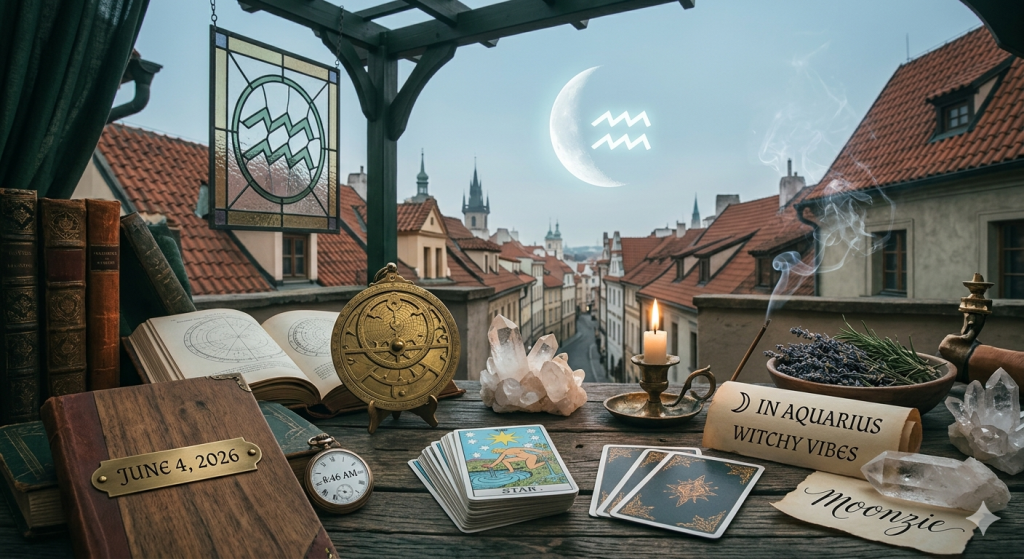 A wooden desk overlooking an old European city street, featuring a brass astrolabe, a spread of tarot cards including The Star, a crystal cluster, a lit candle, and a journal marked "June 4, 2026," under an Aquarian moon symbol in the sky.