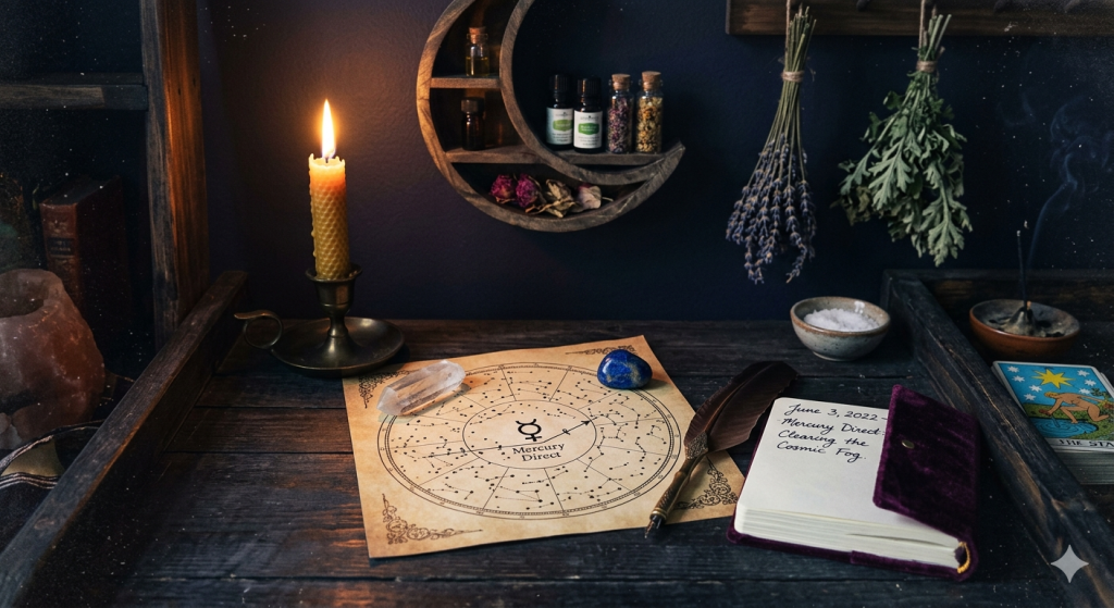 A dimly lit, witchy workspace featuring a candle, a scroll detailing the Mercury Direct transit, a feather quill, crystals, and dried herbs hanging in the background, set on a dark wooden table.