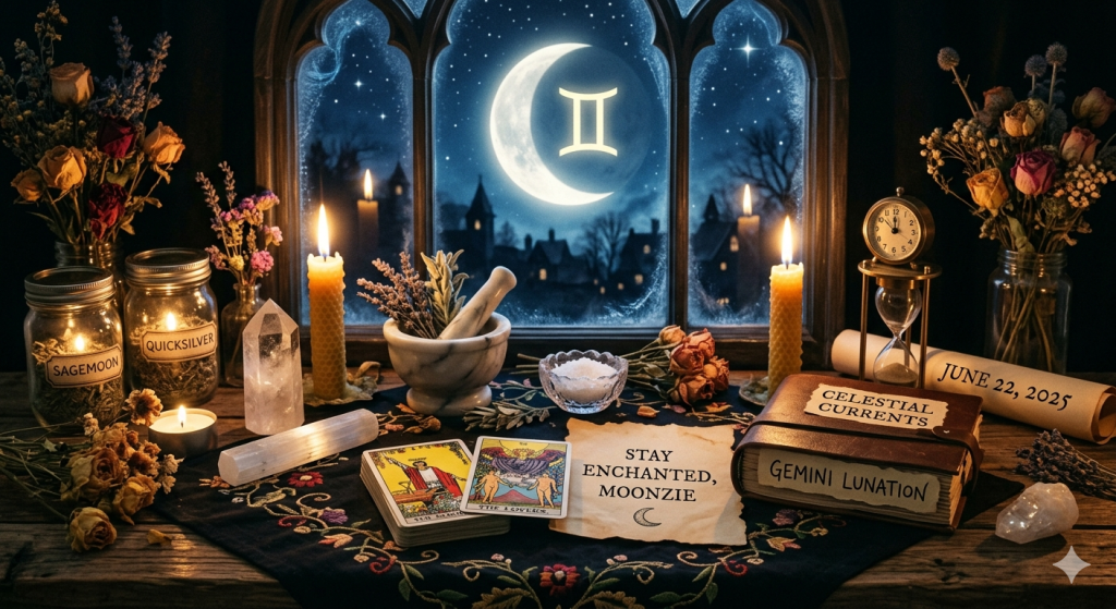 A mystical, witchy workspace at night featuring a view of a crescent moon in the sky through a gothic-style window, with candles, crystals, tarot cards, and a book titled "Celestial Currents: Gemini Lunation" laid out on a dark, embroidered cloth.