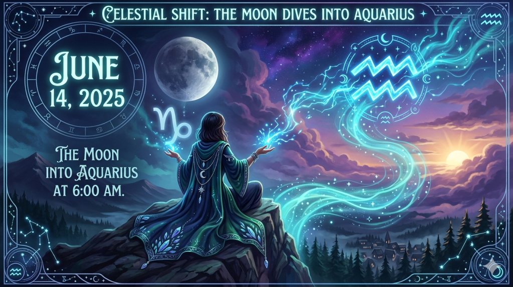 A mystical digital illustration featuring a figure in a flowing green robe sitting on a mountain cliff at dawn, channeling magical blue energy into the Aquarius zodiac symbol while a large moon hangs in the starry sky, with text overlays detailing a celestial event.