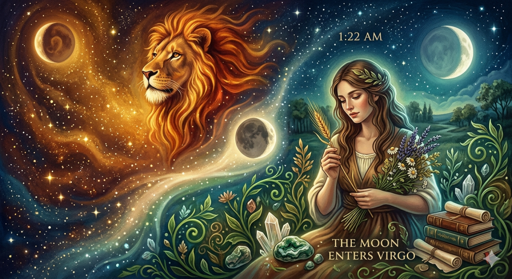 A split-screen cosmic illustration showing the astrological transition from Leo to Virgo. The left side features a fiery, golden lion surrounded by cosmic dust and a crescent moon. The right side features a serene woman representing Virgo, holding wheat and lavender, surrounded by crystals, books, and lush green foliage under a starry night sky with the text "1:22 AM" and "THE MOON ENTERS VIRGO."