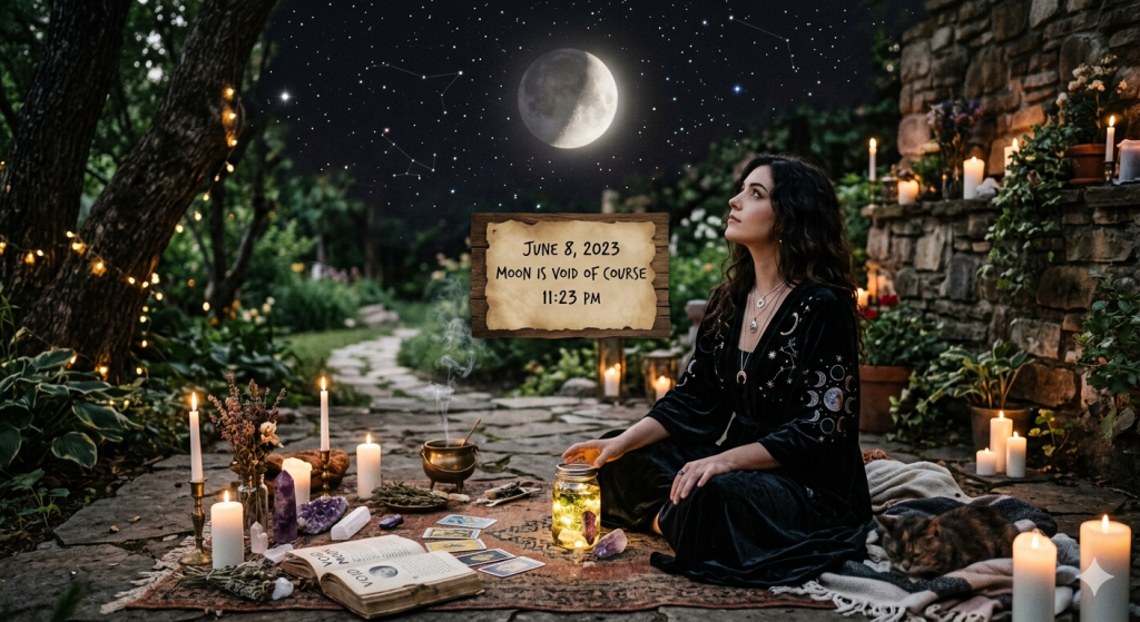 A woman sits in a garden at night under a starry sky, surrounded by candles, crystals, tarot cards, and a book as she observes the moon, with a wooden sign floating in the center displaying the date June 8, 2023, and the text "Moon is void of course 11:23 PM".