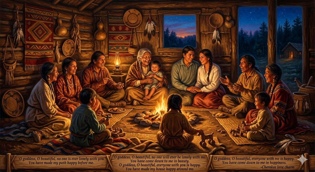 A warm, painterly illustration of a multi-generational Cherokee family gathered inside a traditional log cabin at night, sitting in a circle around a glowing indoor fire, laughing and sharing a sense of belonging, with the Cherokee love charm text integrated into a wooden panel at the bottom.