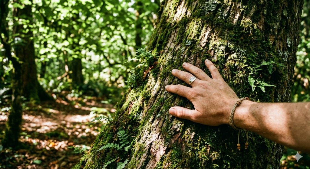 A close-up view of a person’s hand, wearing a leaf-design ring and a cord bracelet, resting gently on the mossy, textured bark of an ancient tree in a lush, sun-dappled forest.