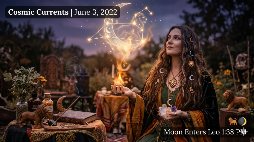 A witchy, ethereal image featuring a woman with long hair adorned with moon clips, holding a small flame in her hand while a glowing golden lion constellation and crescent moon hover above her in a twilight forest setting.