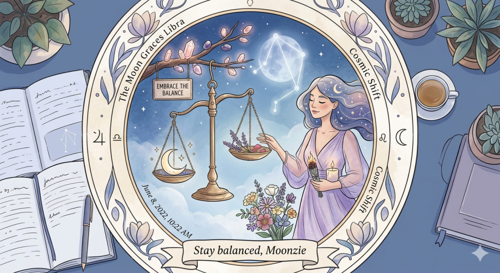 An astrological illustration of a woman in a lavender gown balancing a golden set of scales holding a crescent moon and lavender. The scene is framed by a circular border with text, set against a desk background with open journals, crystals, and potted plants.