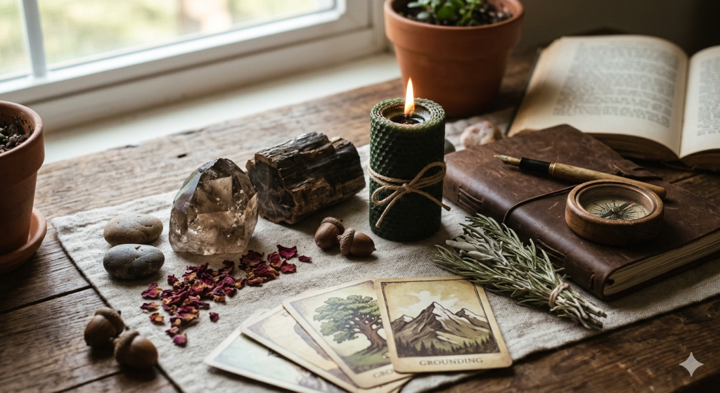 A rustic, witchy Father’s Day altar on a wooden surface, featuring a lit green honeycomb pillar candle, smoky quartz, petrified wood, dried herbs, a vintage compass, and "Grounding" oracle cards.