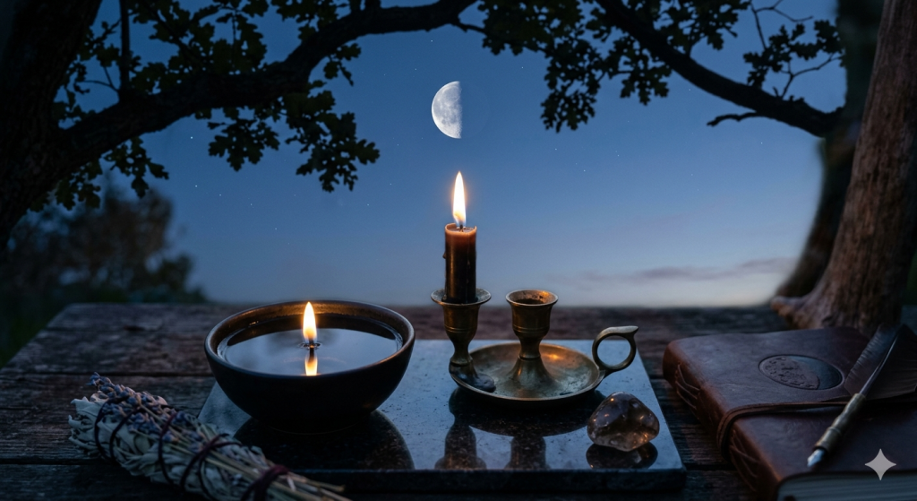 A ritual setting on a dark wooden table at dawn, featuring a candle burning in a bowl of water, a brass candle holder, a leather-bound journal, and a bundle of dried herbs under a visible Third Quarter Moon in a deep blue sky.