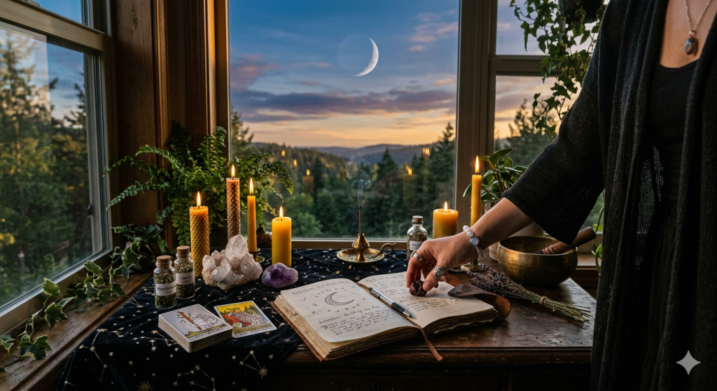A practitioner’s hands arranging crystals on a journal page at a wooden desk, with candles, tarot cards, and an incense burner set against a window view of a twilight landscape featuring a visible waxing crescent moon.
