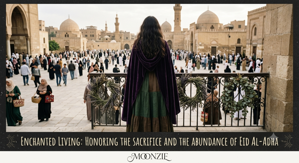 A back view of a woman wearing a long dark purple hooded cloak and a layered earth-toned dress, standing on a balcony overlooking a bustling courtyard filled with people outside a historic mosque, with lavender and eucalyptus wreaths hanging on the balcony railing.