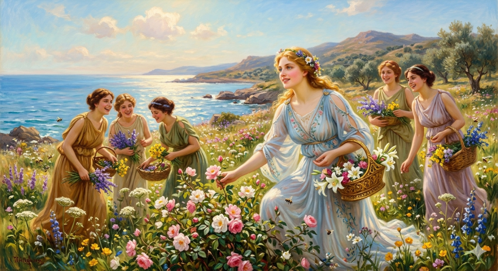 An oil-painting-style illustration of the goddess Europa in a flowing light blue gown, reaching for a pink wild rose. She carries an ornate golden flower basket. Around her, five smiling maidens in classical dresses gather lilies and colorful wildflowers in a sunlit meadow along a sparkling blue coastline under a bright summer sky.