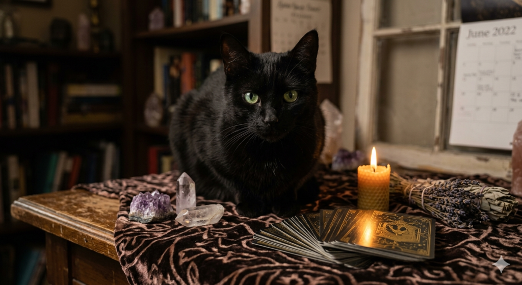 A majestic black cat with striking green eyes sitting on a dark velvet cloth, surrounded by crystals, a glowing candle, and a spread of tarot cards in a cozy, mystical study.
