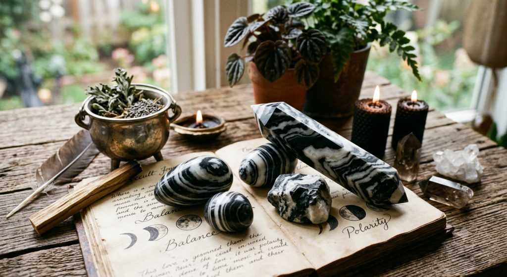 A collection of polished Zebra Stone crystals, including a large tower and several palm stones, resting on an open vintage journal with "Balance" and "Polarity" written on the pages, surrounded by ritual items like a small cauldron and beeswax candles.