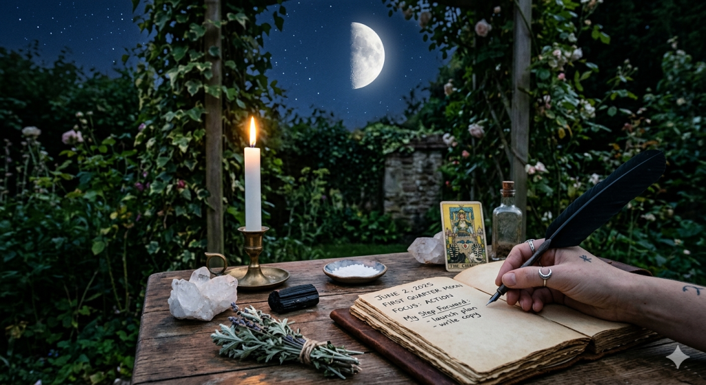A hand writing in a journal at an outdoor wooden table under a First Quarter Moon, with a candle, crystals, a tarot card, and lavender herbs.