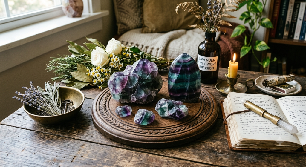 A wooden table holding a collection of natural fluorite crystals in shades of purple and green, surrounded by a journal, dried lavender, and a lit candle, creating a cozy and mystical atmosphere.