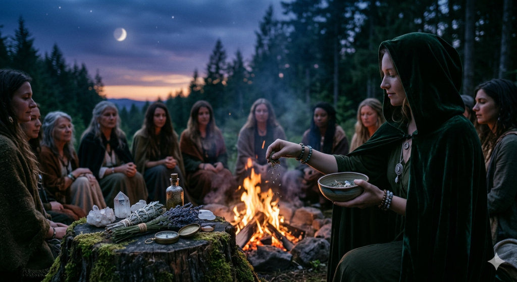 A group of women sitting in a circle around a campfire in a forest at twilight, with a woman in the foreground wearing a green hooded cloak and sprinkling herbs into the flames.