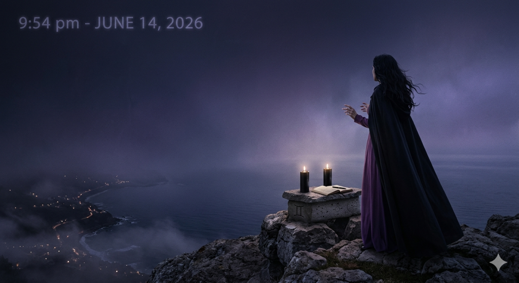 A woman in a dark cloak stands on a misty rocky cliff at night, looking out over a coastline. In front of her, two lit candles and an open journal rest on a stone altar engraved with the Gemini symbol. The text "9:54 pm - JUNE 14, 2026" is faintly visible in the dark sky.