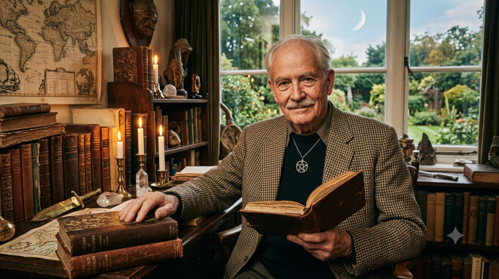 A scholarly, atmospheric portrait of Gerald Gardner sitting at a wooden desk filled with old books, a dagger, and candles, with a crescent moon visible through the window, featuring overlaid text title and Moonzie's sign-off.