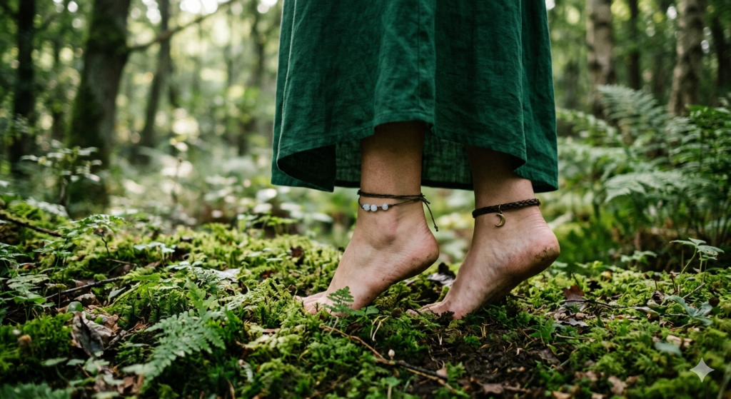A witch wearing a green linen dress and moon-themed anklets standing barefoot on a lush, mossy forest floor, highlighting the practice of grounding and earthing.