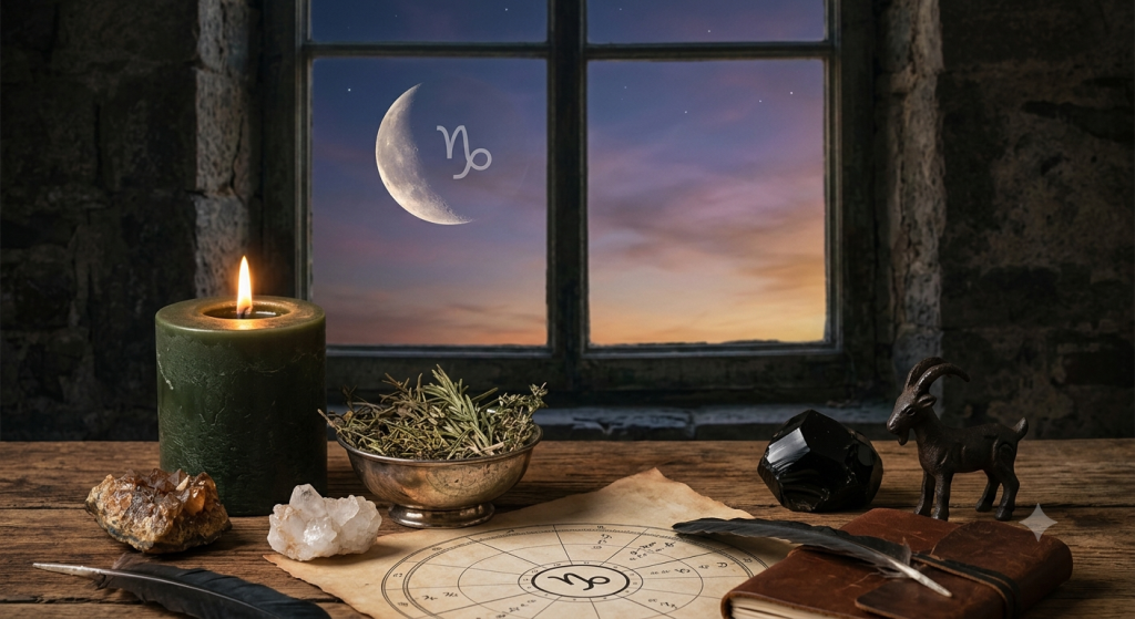 A cozy, rustic wooden table featuring a green pillar candle, dried herbs in a silver bowl, an obsidian stone, a small metal goat figurine, and an astrological chart, with a window in the background showing a crescent moon marked with the Capricorn symbol.