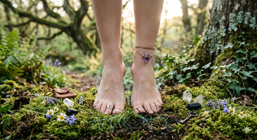 Bare feet standing on a mossy forest floor surrounded by crystals and wildflowers, with faint glowing lines depicting energetic roots extending into the earth.