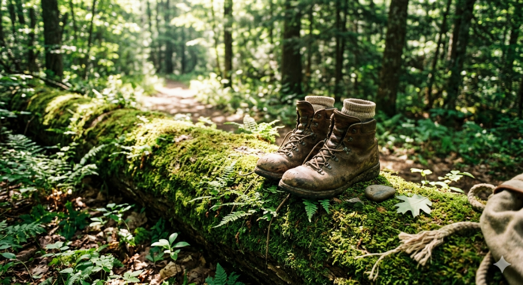 A pair of weathered, brown leather hiking boots resting on a thick, moss-covered log in a sun-dappled forest, with a blurred walking path visible in the background.