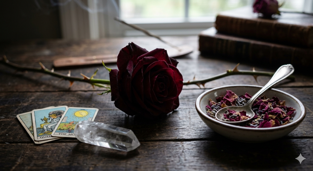 A moody, witchy table setting featuring a single deep crimson rose with thorns, two tarot cards, a clear quartz crystal, and a small bowl of dried herbs and rose petals on a rustic wooden table.