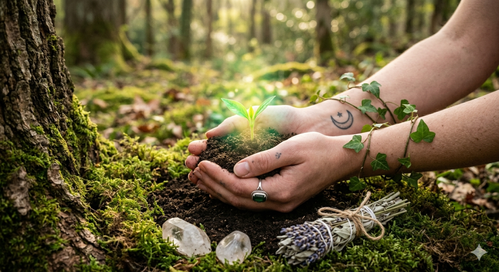 A close-up, witchy-themed image showing a person’s hands gently cupping a small, vibrant green sprout in rich soil, with a crescent moon tattoo visible on the wrist and a bundle of lavender and clear quartz crystals resting on the surrounding mossy forest floor.