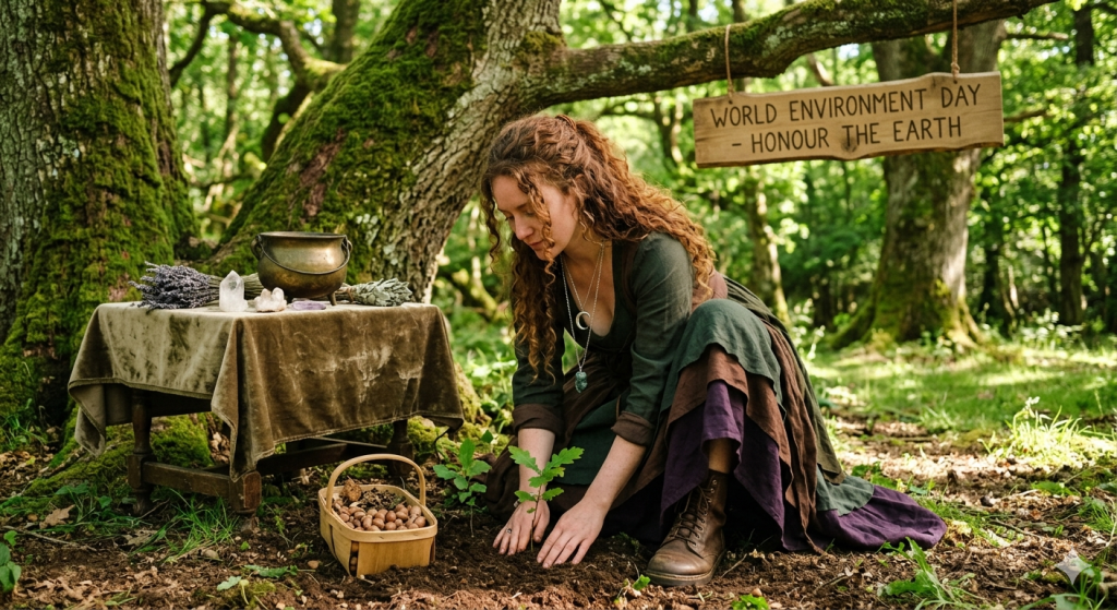 A modern witch in an earthy, layered dress kneels in a sun-dappled forest, planting an oak sapling in the soil, with a wooden ritual table holding a cauldron and crystals nearby, under a sign reading "World Environment Day - Honour the Earth."